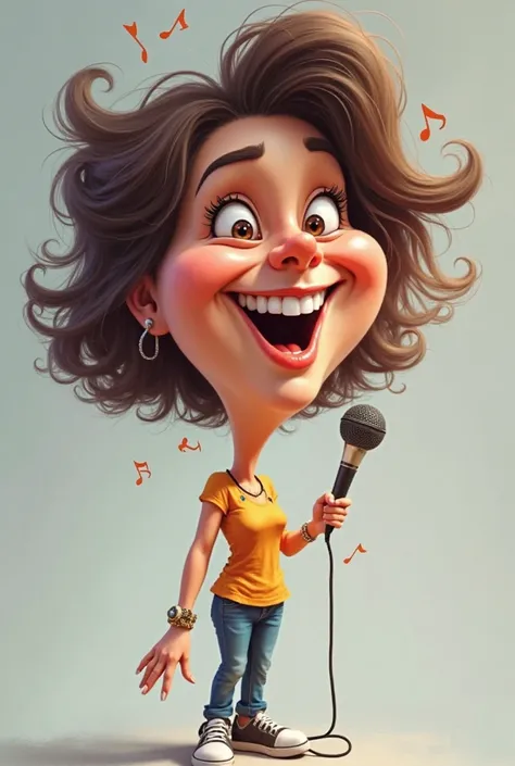 A female vocal artist. A caricature is a caricature. In full growth. Big head, small, but not skinny, body.