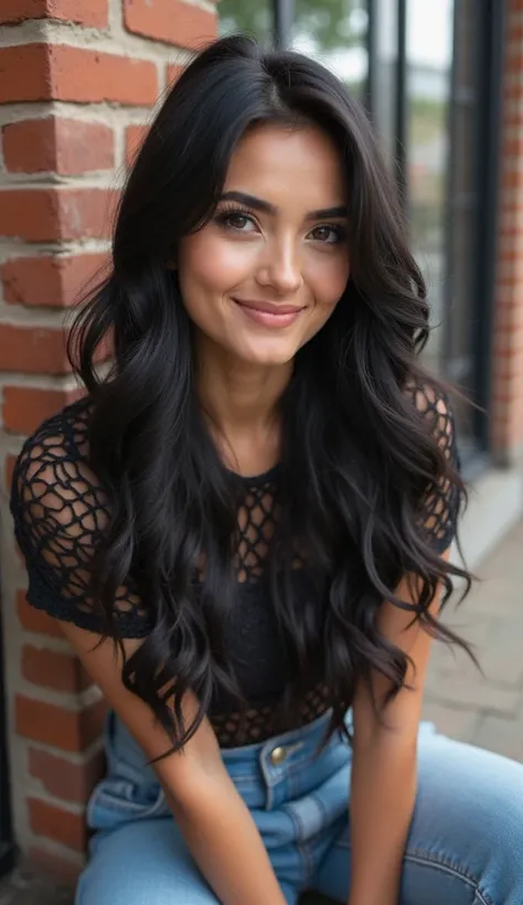   A young woman with urban casual style, Your hair is long, modern style, in black color ,  and her expression smiles slightly with sharp highlights on her eyes,   She is sitting in front of a brown brick wall and a large window ,The nuances of the image s...