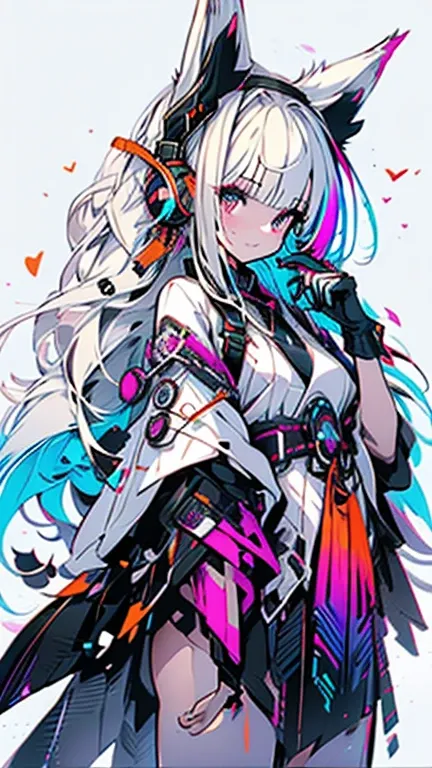  matte paint,colorful, WHITE BACKGROUND ,Wears rainbow-colored thunder,Super Saiyan wearing rainbow-colored thunder,
1 girl with medium white hair,  fox ears, Has a fox tail , full mecca body with white and black combination,  orange, Left hand raised, Hea...