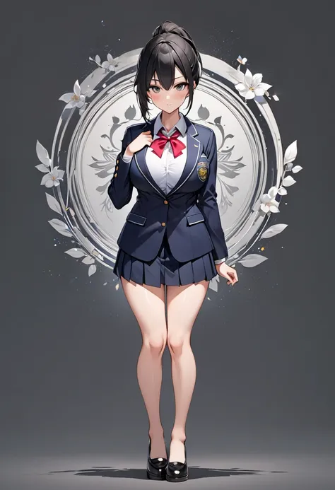 Top quality, full body, standing, from front,looking at viewer, simple background. pretty girl、 College Student , black hair、 ponytail、 blazer uniform、,large breasts, perfect body,