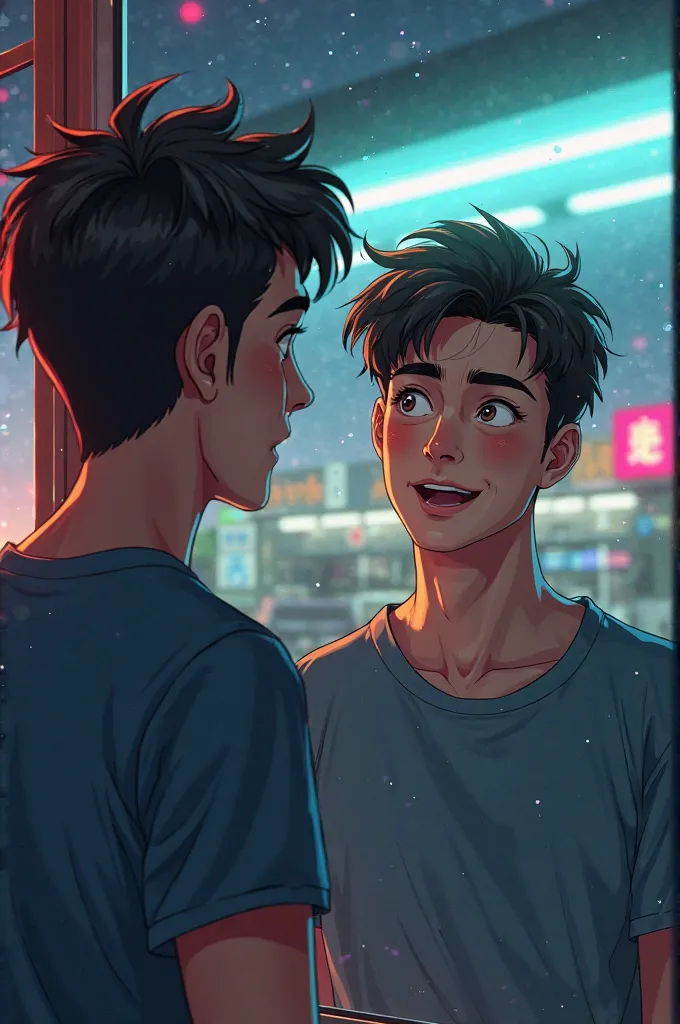 ". The young adult finds himself in front of the mirror at a road stop, analyzing his own face with an expression of surprise and understanding. He notices the similarities with his father, but his gaze is one of acceptance and pride.  The reflection in th...