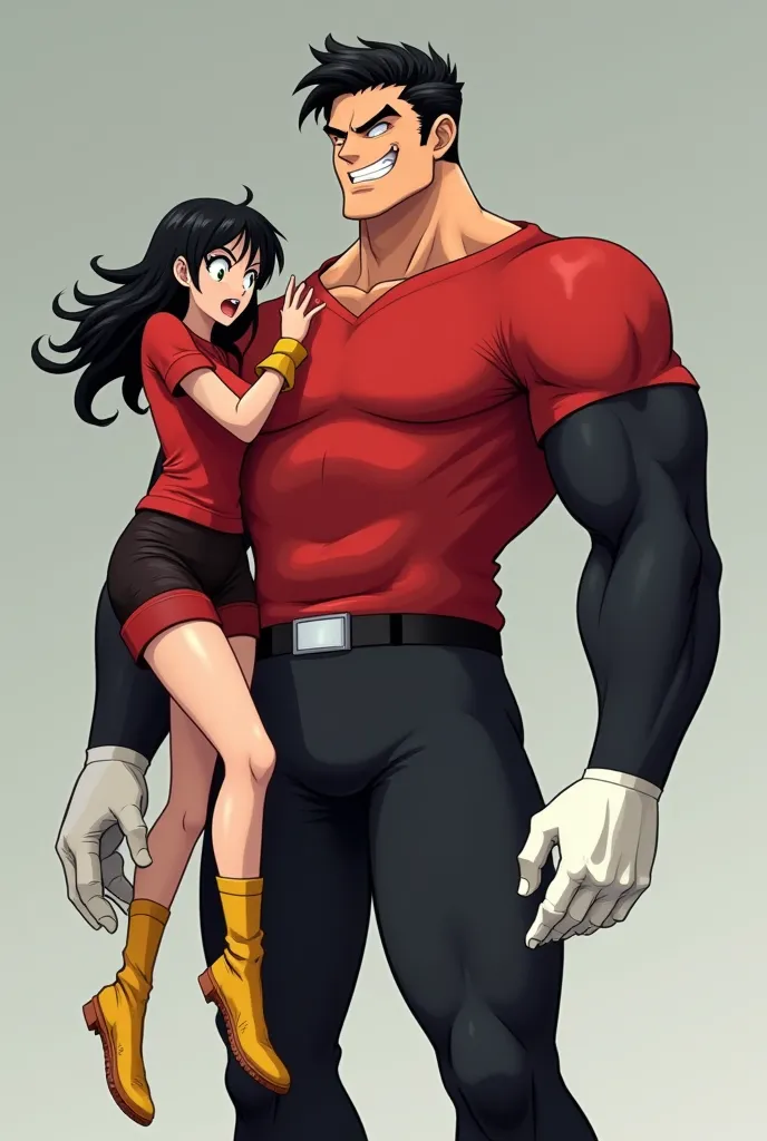 ( Anime style photo ) A giant, muscular man with short black hair, a tight red t-shirt with tight black long sleeves,  white gloves, tight black long pants and white boots. The man is making an evil smile while lifting a surprised and frightened woman with...