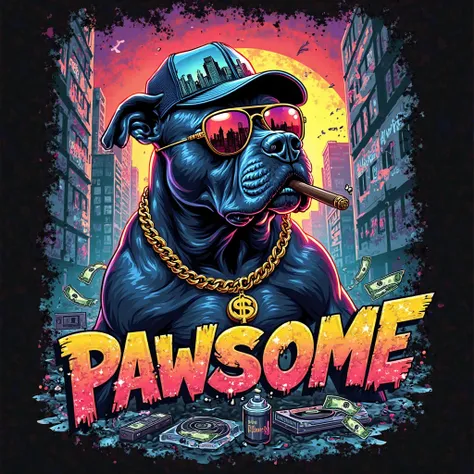 A bold, high-energy, hip-hop inspired graffiti-style digital illustration of a muscular Pitbull, embodying the raw essence of urban street culture. The Pitbull has a strong, intimidating yet stylish presence, wearing a gold chain with a massive dollar sign...