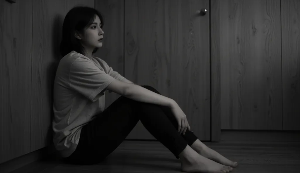 "A black-and-white photograph of a young woman sitting alone in a dimly lit room with wooden panel walls and flooring. She is positioned against the corner where two walls meet, her body leaning against the smooth wooden surface. The ambient lighting is mi...