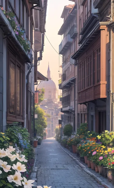  HD images 、Milan cityscape、 In the beautiful streets of Milan 、  Flowers and Trees 々 flourishing 、 magical beings hidden in the branches and a mysterious colorful urban landscape 、 8K 、 (   High Quality Seven Color Flowers   ) a forest road full of fantas...