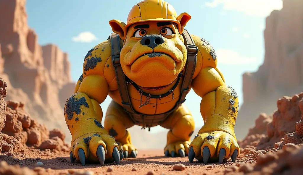 Rubble, the strong and kindhearted bulldog, has become an unstoppable monster of destruction. His construction uniform is now torn and covered in dirt and grime, his hard hat cracked and barely holding onto his misshapen head. His yellow fur is now rough a...