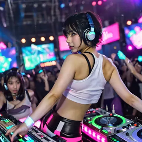 japanese woman,  dj, with headphone, in the club,  kawaii, ((very short cut:1.2)), crowds around, ((cyber punk, lighting effects1.2)), white tanktop,  ((DJ, dancing, on the stage:1.3))