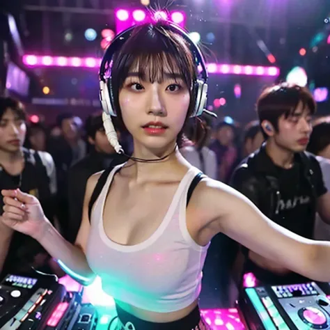 japanese woman,  dj, with headphone, in the club,  kawaii, ((very short cut:1.2)), crowds around, ((cyber punk, lighting effects1.2)), white tanktop,  ((DJ, dancing, on the stage:1.3))