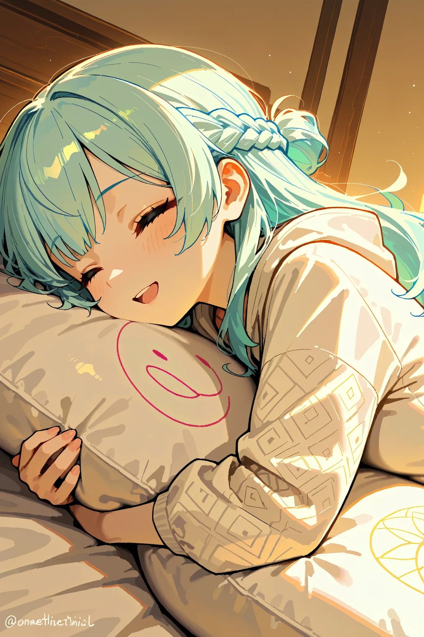 okmc,a cute girl:0.7\(french braid hair on top,light blue hair, long hair, fluffy hair,french braid hair on top,white skin,closed-eyes:1.5,no nose,small mouth,open mouth:1.5\),she sleeps with fluffy body pillow,ongr mark\(Japanese rice ball pattern\) is pr...