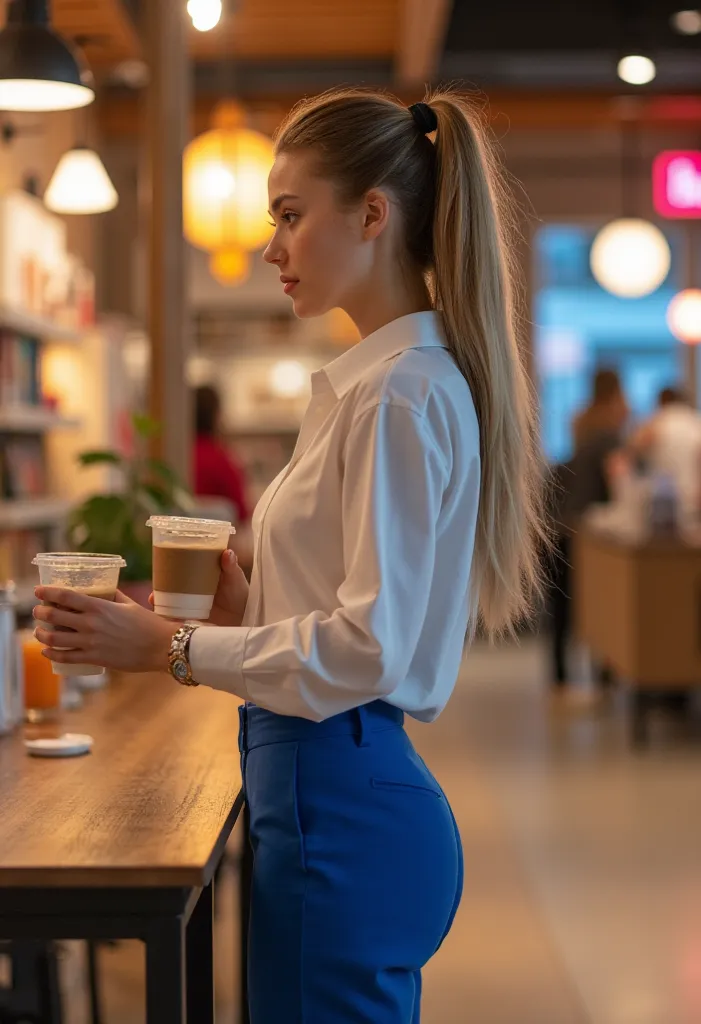 (long range:1.3), (full body:2.0), Latin woman , super cute 19 year old ponytail blonde with tent uniform white blouse  , blue pants having a coffee , in the empty department store , at night ,  full body 