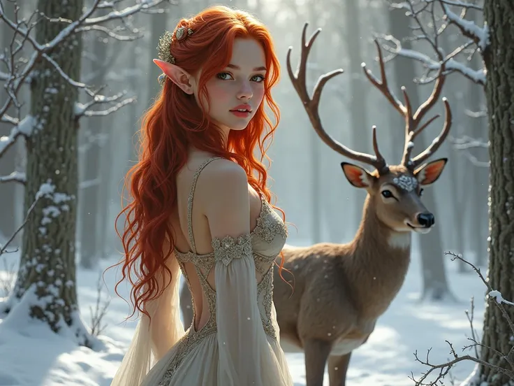 Realism Red-haired elf girl in the woods with deer in winter with beautiful hips and beautiful figure 