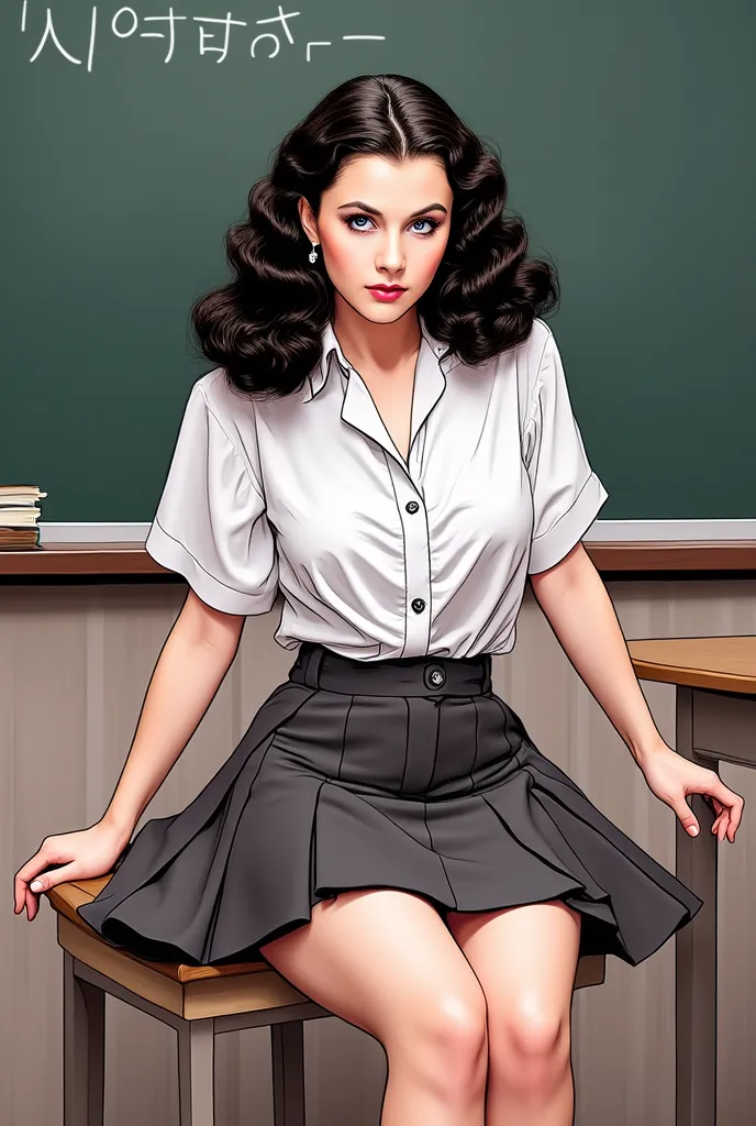 (masterpiece:1.2, Best Quality),8k, wallpaper,((Marvel Comic art, thick outline, flat color:1.3)),(Vivien Lee as school teacher), Front, ((looking at camera kindly, sitting by the blackboard in the classroom, thin thighs, beautiful legs)), perfect eye,deta...