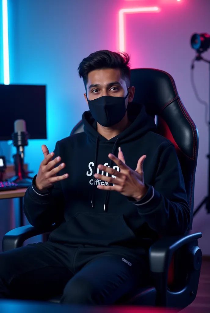 An Indian/ Bangladeshi man sitting confidently on a
modern gaming chair in his YouTube studio. He is wearing a black hoodie with "Sufol Tech Official " boldly printed on it. His face is clearly visible and expressive despite wearing a sleek black covID-19 ...