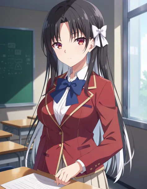 Masterpiece, hd, best quality, 1girl, kiyotaka_ayanokouji,  long hair,white hair bow, black hair,red eyes, breaded hair, medium breasts , bangs, parted bangs, school uniform, jacket, necktie, red blazer, blue bowtie tie, shirt, white pleated skitt, collare...