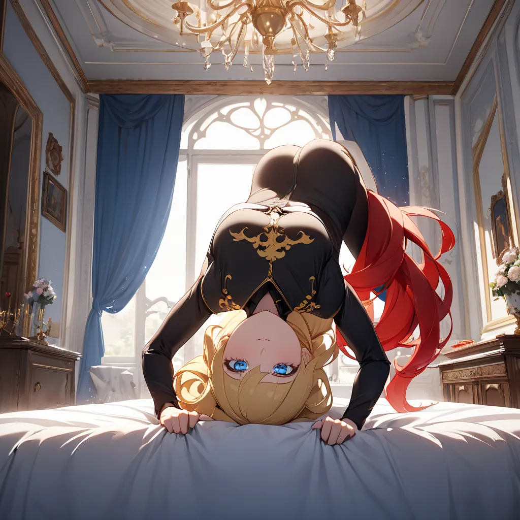 masterpiece,  super high quality CG , best quality, perfect picture, Alone,  Lydia Sobieska (Iron Fist,  Blonde hair with a high ponytail, blue eyes,   Red Hair Bow, strong),  in a European mansion, is sitting on the bed,  side down ,  blanking,  shoulder ...