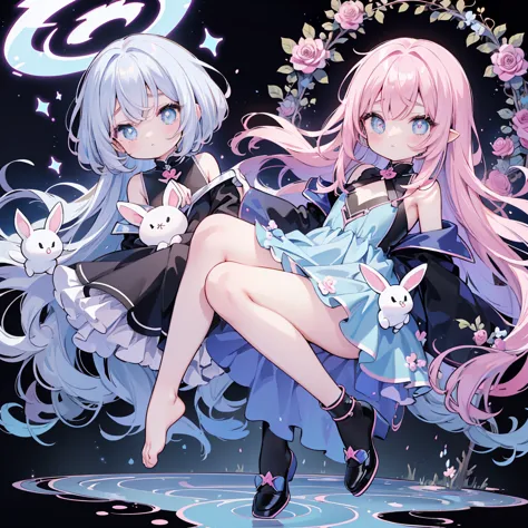 beauty、pink and light blue gradient background、 black clothes 、 pretty face、baby face、((( detailed eyes 、 droopy eyes )))、  long sleeve with flared cuffs  、 Shoulder-Out、 one-piece flared skirt 、 holding a stuffed rabbit in one hand、black and light blue so...