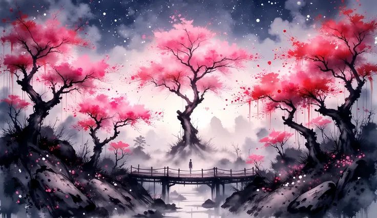 A grove of sakura trees bursts into bloom under a twilight sky filled with stars. Each tree is intricately rendered with ink-brushed branches and soft watercolor petals in shades of pink and crimson that glow faintly as if infused with starlight. The grove...