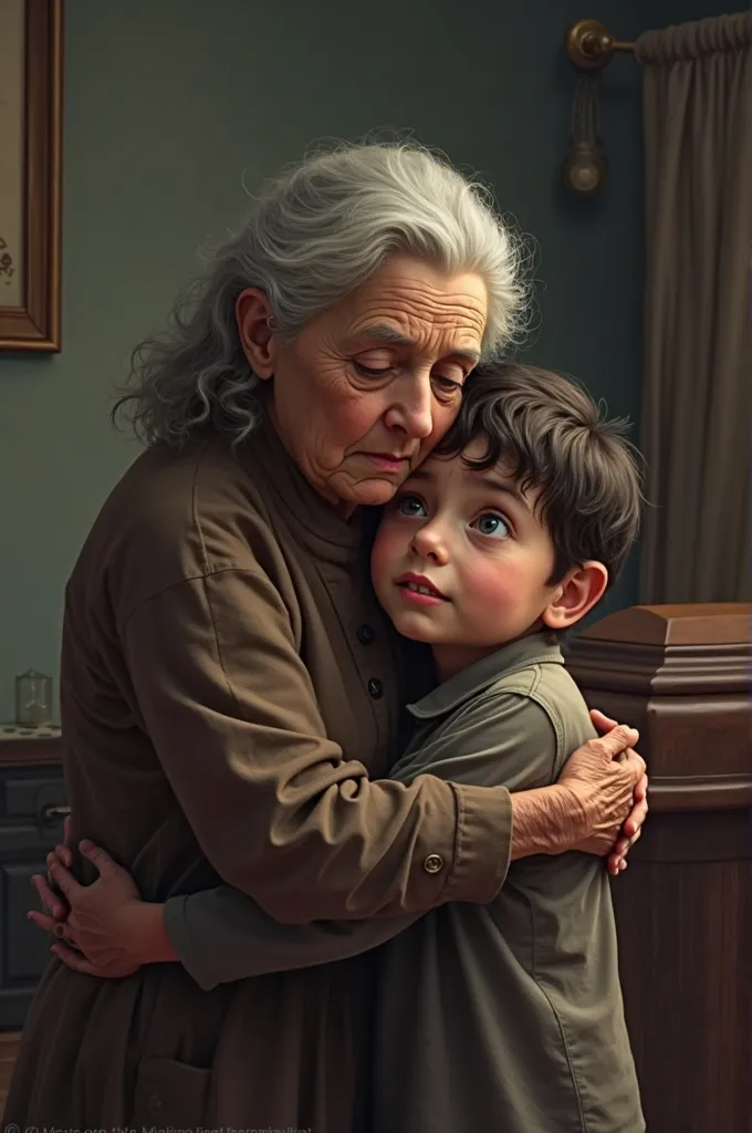 "A five-year-old boy with big and sad eyes is held in his lap by his elderly grandmother, that caresses his face while whispering something with a melancholic look. In the background, a modest wake in a simple room, with a partially visible wooden casket. ...