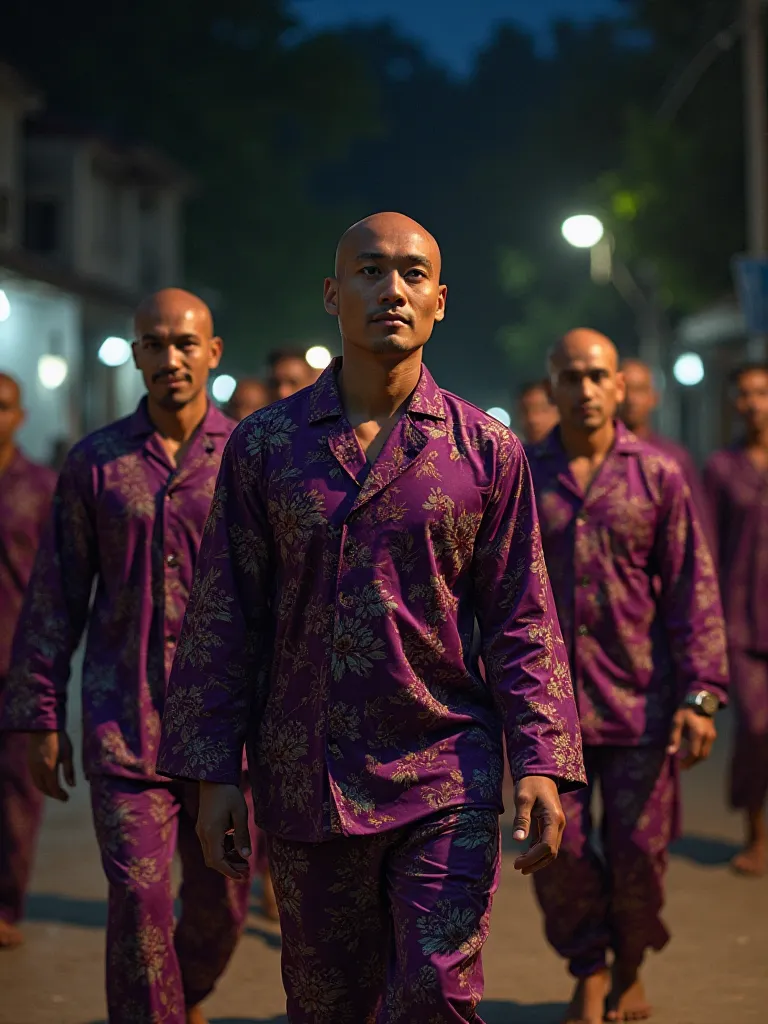 Seven handsome bald headed Indonesian cool guys wearing eggplant patterned nightwear ,, walk around the village of banguni people sahur while holding the drum and microphone, the background of the night of the village and the typographic writing balloons "...