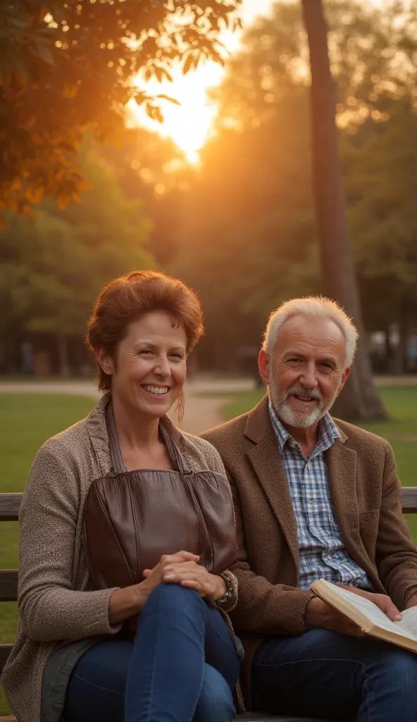 "A middle-aged woman sitting on a bench next to an elderly man in a quiet park. They both have expressions of serenity and connection, with an open Bible in their hands. The atmosphere is warm, with a golden sunset illuminating their faces, conveying a sen...