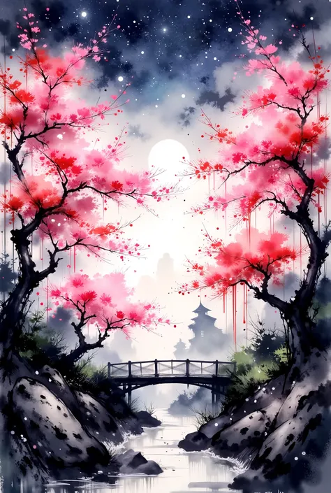 A grove of sakura trees bursts into bloom under a twilight sky filled with stars. Each tree is intricately rendered with ink-brushed branches and soft watercolor petals in shades of pink and crimson that glow faintly as if infused with starlight. The grove...