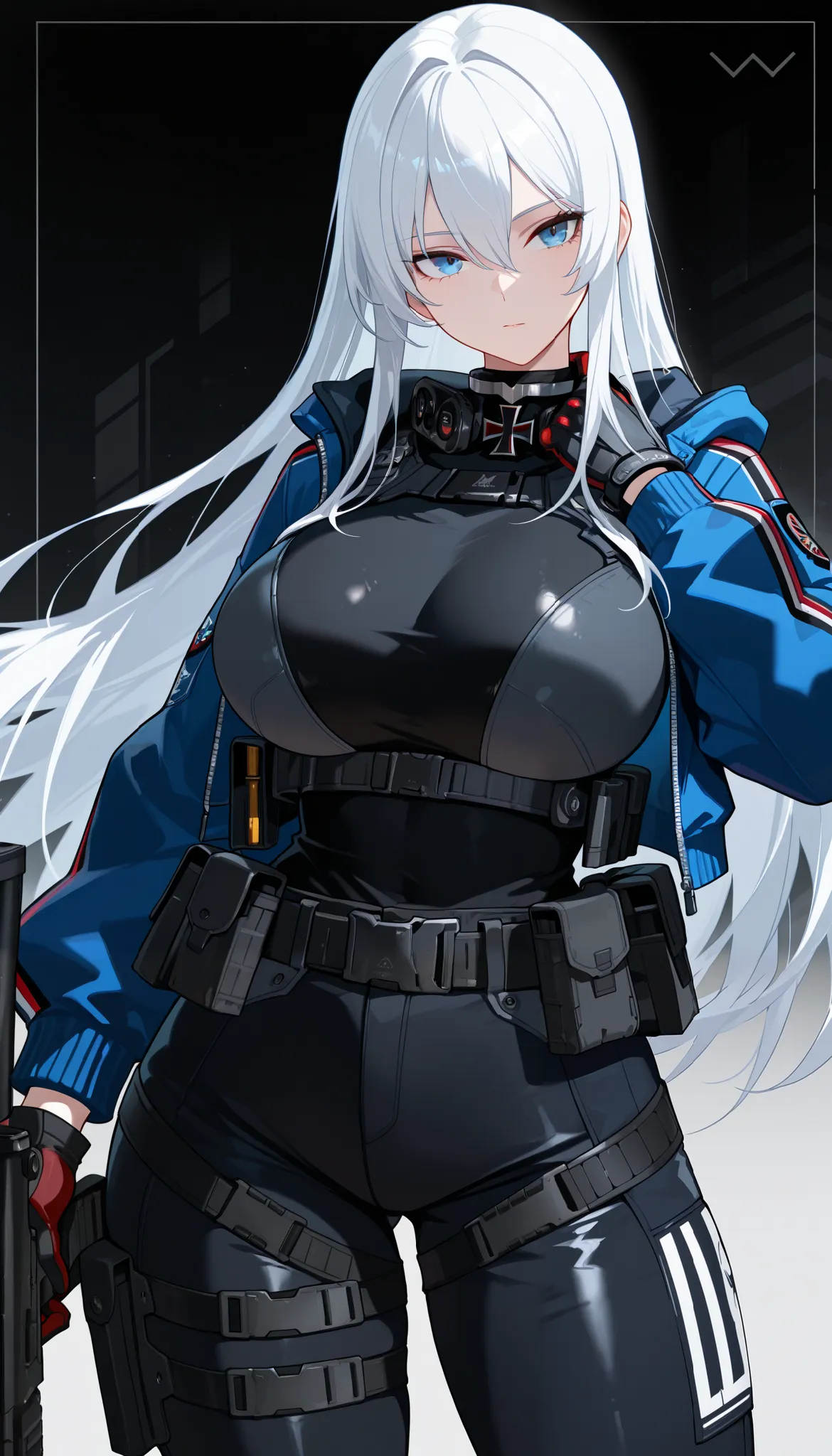 best quality, masterpiece, absurdres, 1girl, white_hair, large_breasts, tall, long_hair, blue_jacket, hair_between_eyes, iron_cross, belt, belt_buckle, gloves, black_shirt, blue_eyes, looking_at_viewer, black_pants, cowboy_shot, abstract_background, frame,...