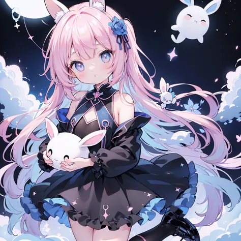 beauty、pink and light blue gradient background、 black clothes 、 pretty face、baby face、((( detailed eyes 、 droopy eyes )))、  long sleeve with flared cuffs  、 Shoulder-Out、 one-piece flared skirt 、 holding a stuffed rabbit in one hand、black and light blue so...