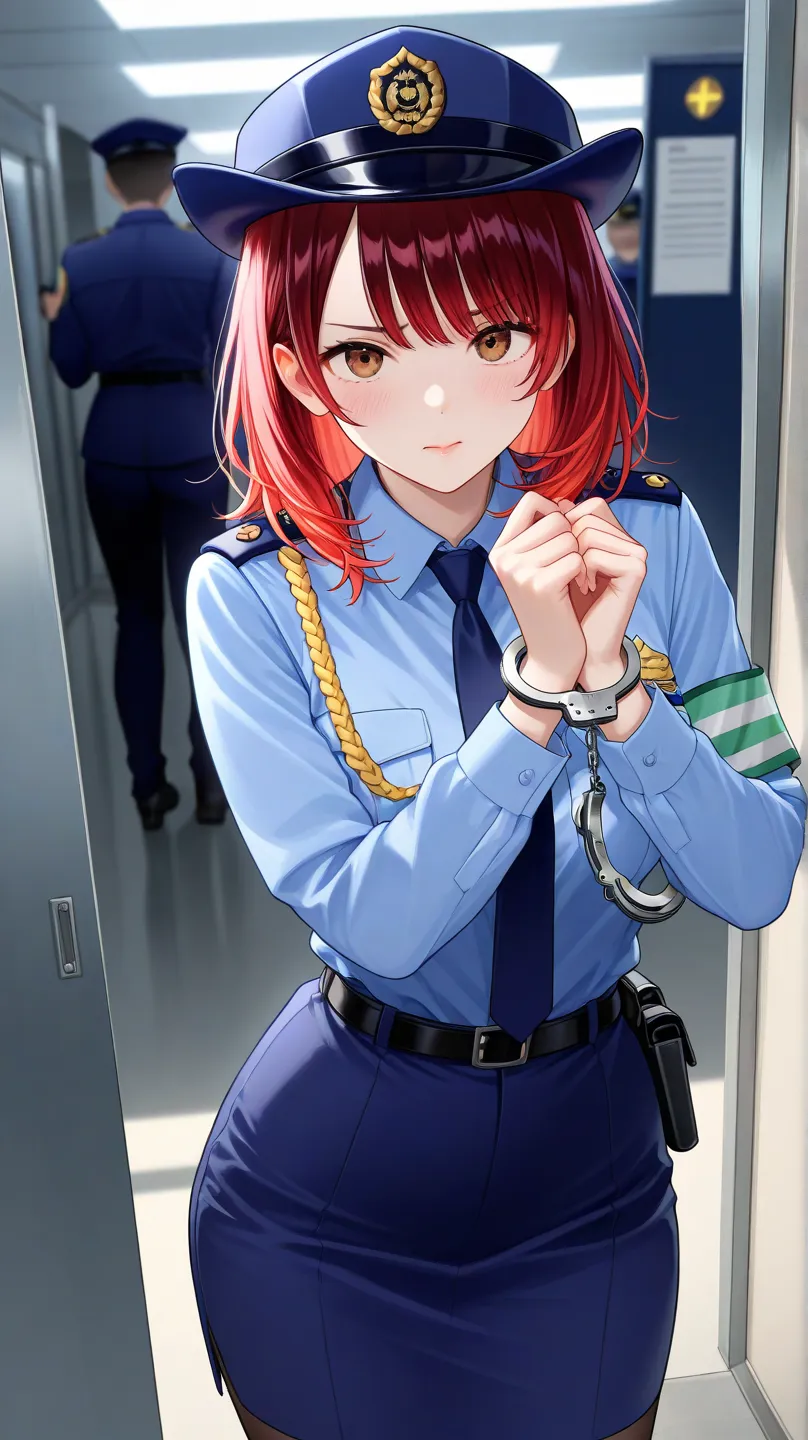 policewoman、 red hair 、 girl、 、handcuffs、Lunch、 police station、2 people、