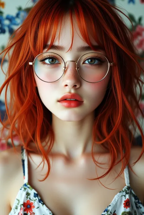 8k, masterpiece, highest quality, Beautiful Women, Close-up, frontal viewpoint, Red hair, pale skin, orange-red lips, large eyes, round glasses, (breast squeeze, deep cleavage, sultry bombshell), straight pose, floral background, dreamy, surreal.