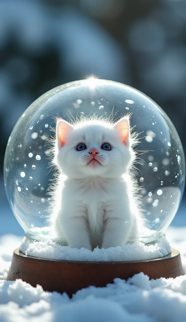 "A tiny, round baby kitten with fluffy white fur, encased in a beautiful glass snow globe. Delicate snowflakes swirl around as it gazes up with wide, innocent eyes. The background is a sparkling winter wonderland with twinkling fairy lights and frosty tree...