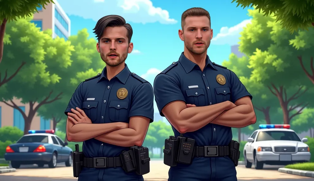 two police officers standing side by side in front of a police car. They are in a well-maintained park setting with trees and a clear sky in the background. The officer on the left is tall with short, buzzed hair and a serious expression, arms crossed in f...