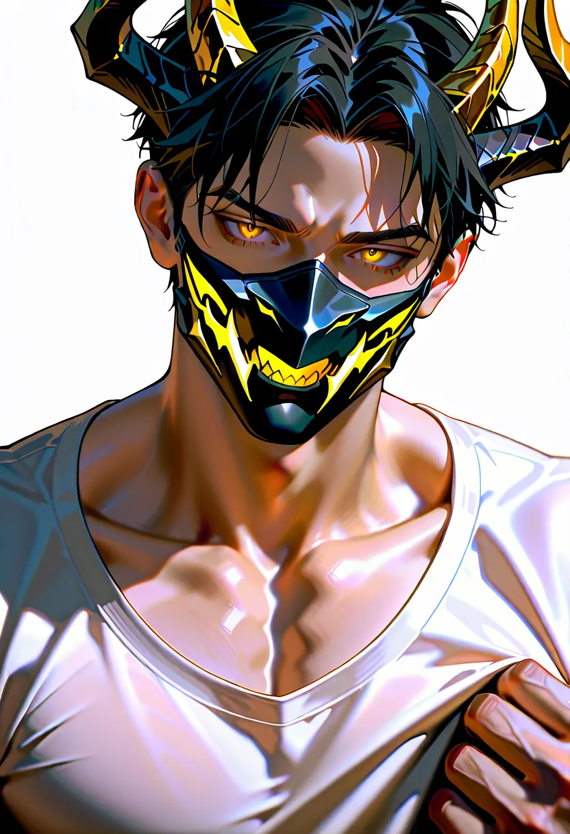 1 man, black hair, golden eyes, handsome face, dragon horns, wearing a black mask, taking off his shirt to show off his good figure.