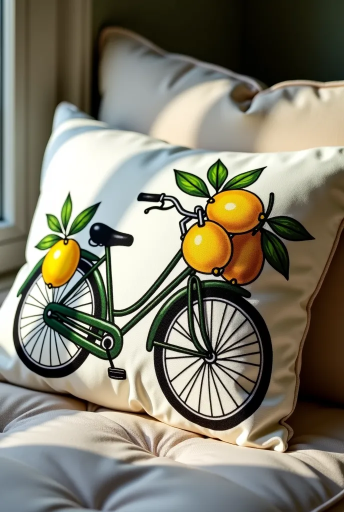 a close up of a pillow with a bike and lemons on it, lemonade, 手工制作的,  delightful , elaborated, bike, lemonlight, lemon, lemons, arms of lemons,  by Tom Wänerstrand ,  The gesture , elaborated detail, ( ( Emma Lindstrom ) ), Hand-drawn, it has lemon skin t...