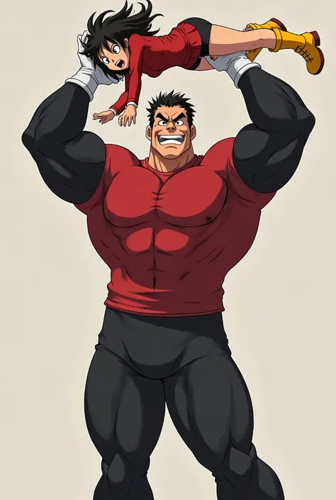 ( Anime style photo ) A giant, muscular man with short black hair, a tight red t-shirt with tight black long sleeves,  white gloves, tight black long pants and white boots. The man is making an evil smile while holding above his head the body of a surprise...