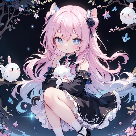 beauty、pink and light blue gradient background、 black clothes 、 pretty face、baby face、((( detailed eyes 、 droopy eyes )))、  long sleeve with flared cuffs  、 Shoulder-Out、 one-piece flared skirt 、 holding a stuffed rabbit in one hand、black and light blue so...