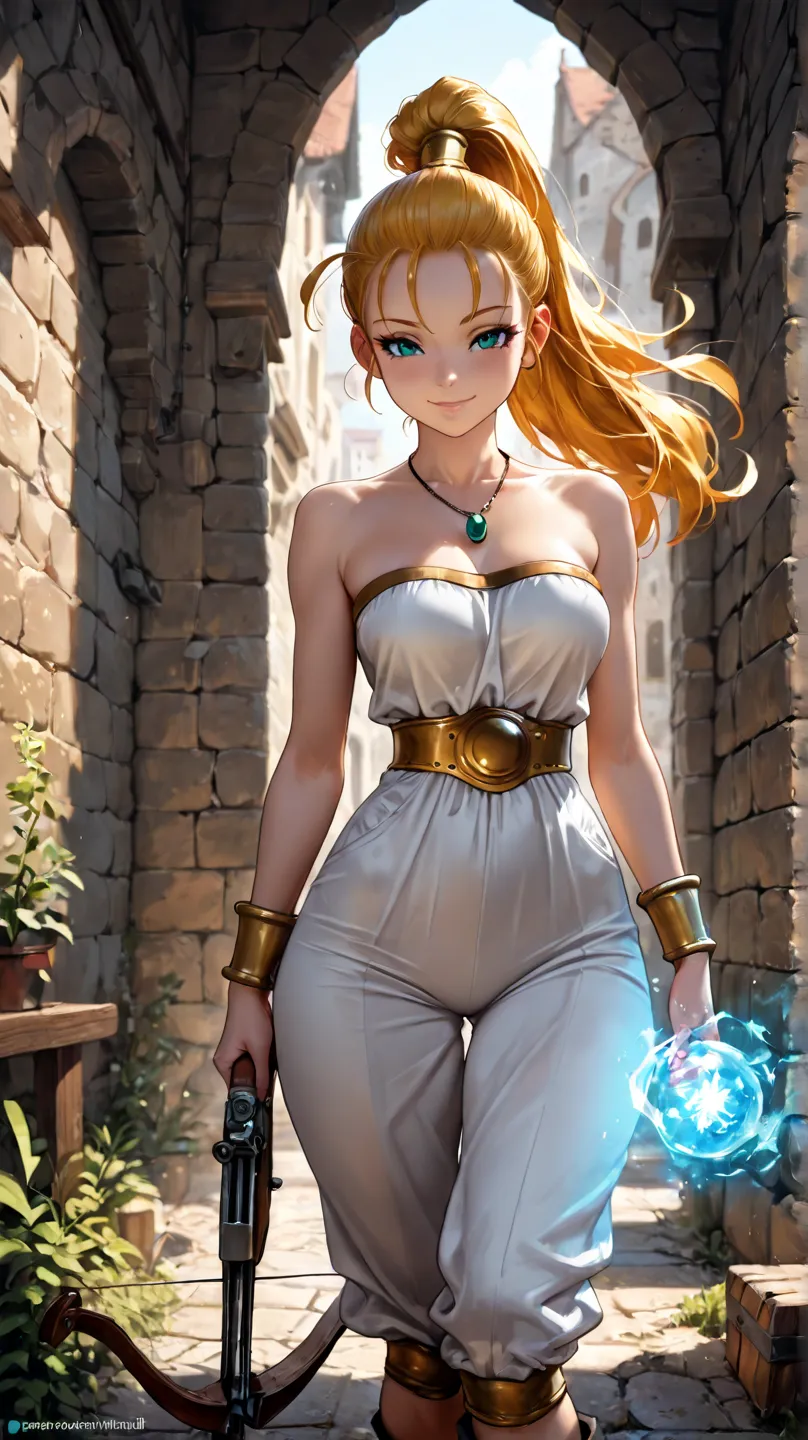 1girl, Marle from Chrono Trigger, thin build, long hair, looking at viewer, standing, ice magic on hands, holding crossbow, white jumpsuit, no sleeves or shoulders, teal necklace, seductive smile, medieval city in background, from the knees up, masterpiece...