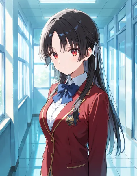 Masterpiece, hd, best quality, 1girl, kiyotaka_ayanokouji,  long hair, hair ribbon, black hair,red eyes, breaded hair, medium breasts , bangs, parted bangs, school uniform, jacket, necktie, red blazer, blue bowtie tie, shirt, white pleated skitt, collared ...