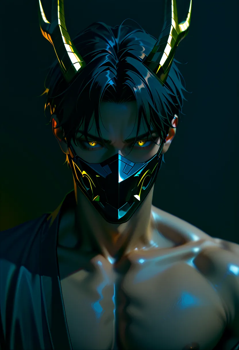 1 man, black hair, golden eyes, handsome face, dragon horns, wearing a black mask, taking off his shirt to show off his good figure.