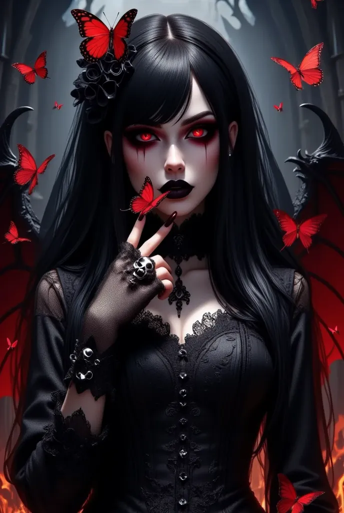 Create a gothic-themed portrait featuring a woman with a lace veil covering their head. Red eyes and black lipstick, She should be adorned with black lace gloves, holding a red butterfly on one hand. Several red butterflies should be flying around them, ad...