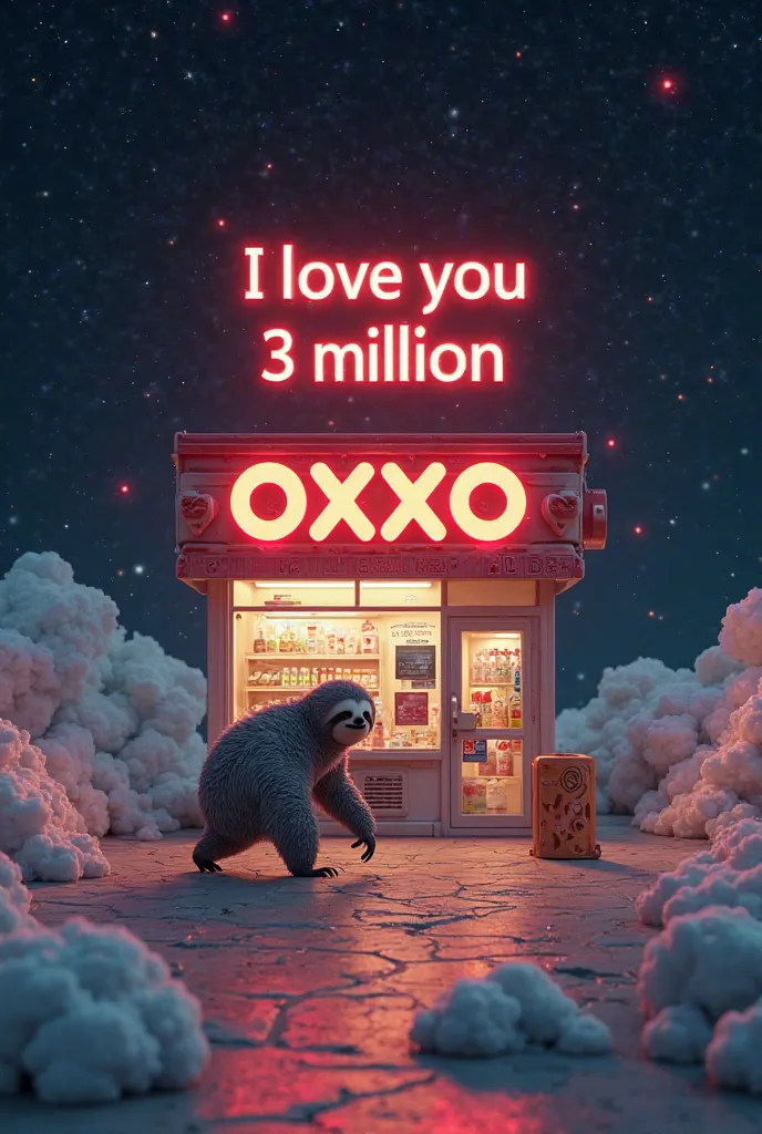 Photo of an oxxo in space,  with a sloth walking,  and the phrase I love you 3 million
