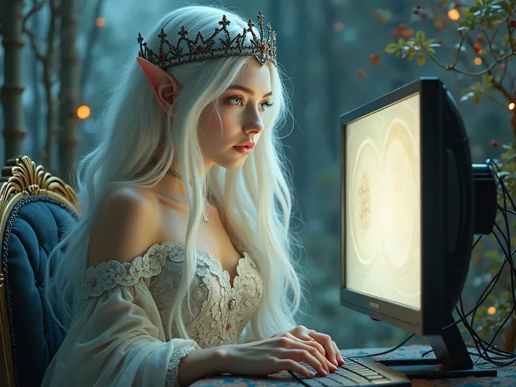 Elf girl with a straight nose, WHITE hair but dark at the head, in a beautiful dress is watching something on the monitor,  Art Nouveau