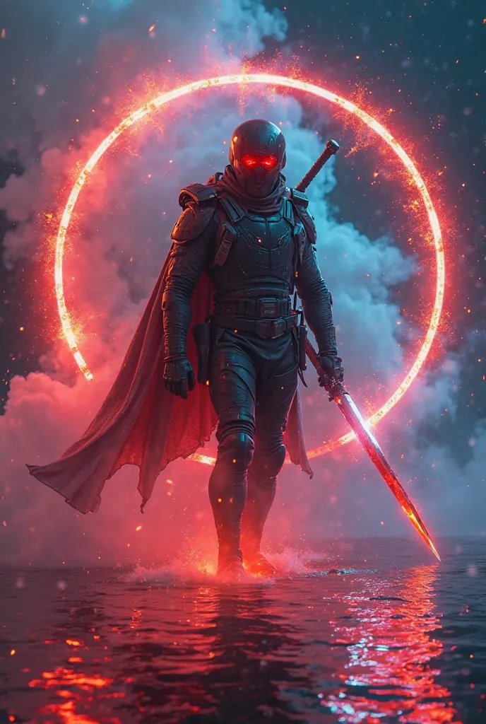 Cyber warrior covers his legs by smoke inside a round frame made of water, bright lines, fire coming out of his eyes, smoke cover's his legs, blazing with anger, behind him cyber shield and sword in mixed and bright colors, inside a shining water frame, hi...