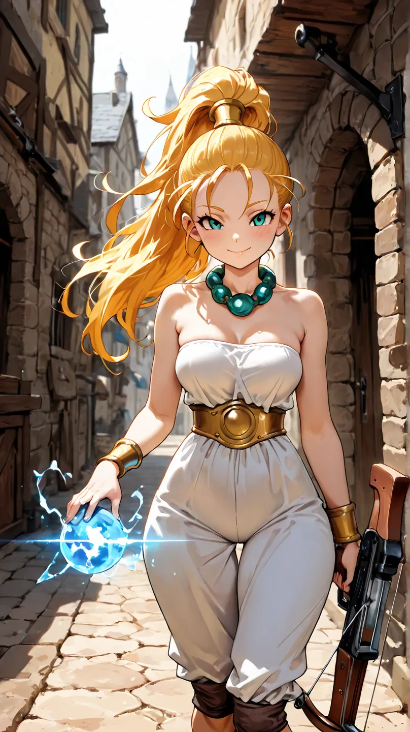 1girl, Marle from Chrono Trigger, thin build, long hair, looking at viewer, standing, ice magic on hands, holding crossbow, white jumpsuit, no sleeves or shoulders, teal necklace, seductive smile, medieval city in background, from the knees up, masterpiece...