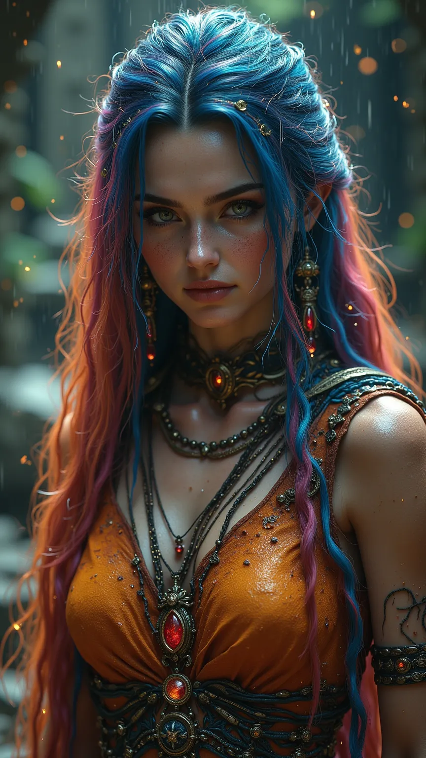 realistic，Delicate skin material， rainbow colored hair ,  long hair ,  Ancient Ruins  , Colored particles ，in a colorful and intricate barbarian costume, Lightning background，((heavy rain)),wet clothes，Sad expression