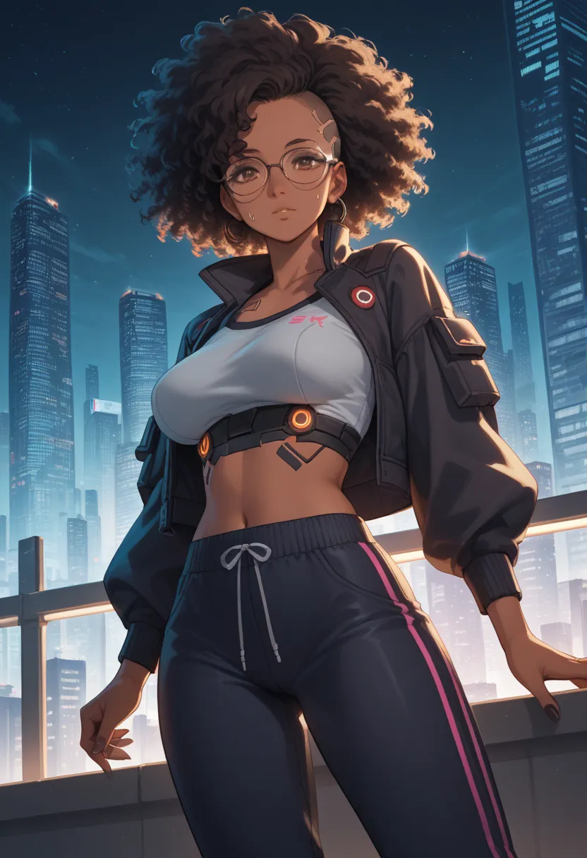 cyberpunk, detailed city, glowing, female character, tanned skin, curly afro hair, glasses, brown eyes, technology, ((highly detailed)) ((breast)) ((tight top)) ((baggy sweatpants)) ((cyberpunk)) ((cybernetic cityscape)) ((glowing lights)) ((curvy body)) 