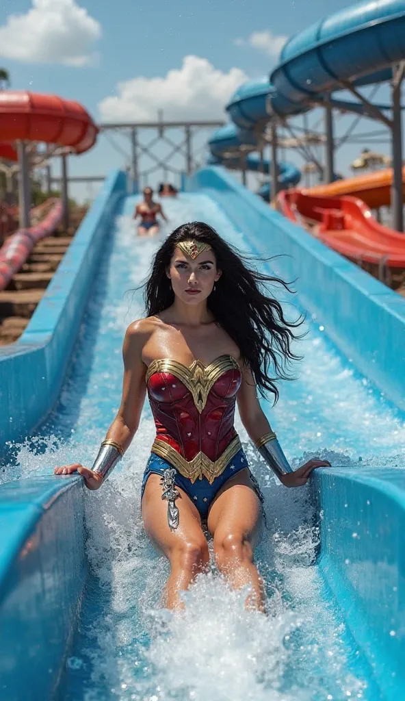 "Wonder Woman in her red-and-gold armored bodice with star-spangled blue bottoms and tiara slides down a blue water slide at a water park. She has a slender physique, her costume fitting snugly over her curves, with long dark hair flowing behind her as she...