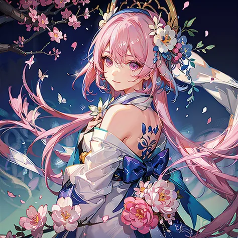 Maiden, blue white short kimono, flower accessory, (pink cheeks), (long pink hair:1.3), beautiful eyes, detailed eyes, detailed background, flower background, falling petals