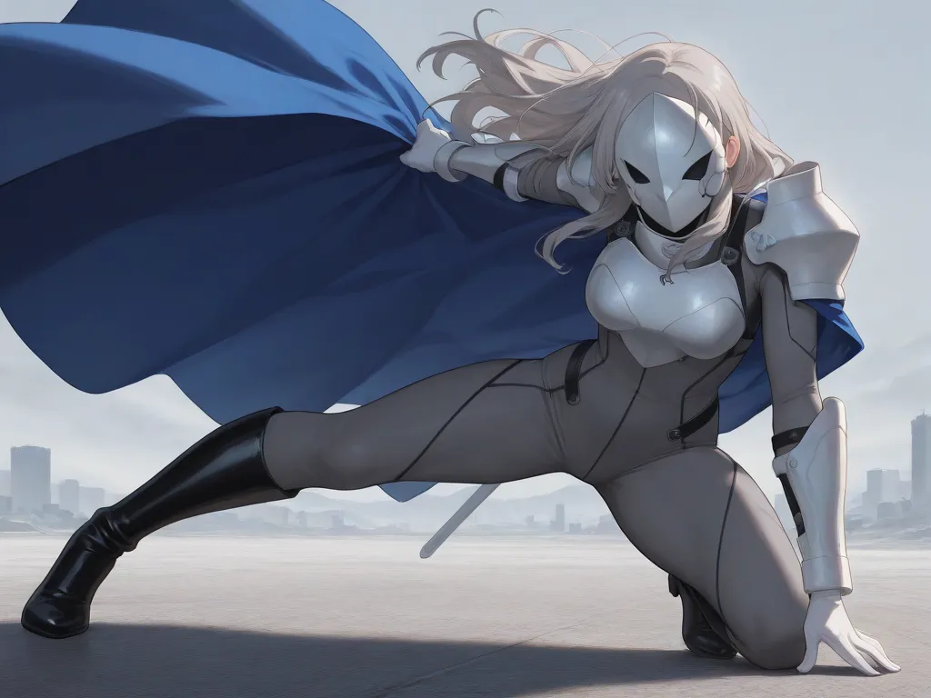 high resolution, masterpiece, necessary, detail, best quality, quality, necessary, details, High details, Precise, 
 
ufotable style, ufotable anime

(Solo) faceless, mask covered face, white mask with black eyes, grey hair, long hair, blue long cape, armo...