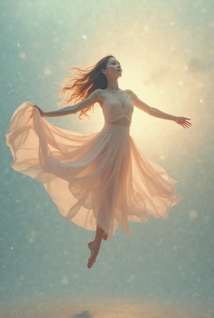 In a surreal dance of delicate movement, the ethereal beauty is captured in this portrait of a midair dancer. The soft pastel tones, backlighting, and flowing fabric create a dreamlike ambiance. The image features cinematic lighting and is presented in ult...