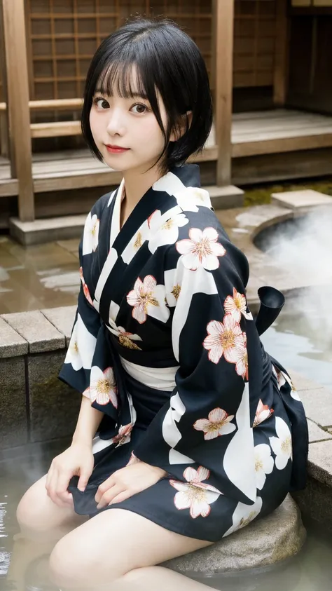 beautiful Japanese woman, short black hair, big eyes, slight droopy eyes, natural makeup, cute, healthy, soft skin, wearing yukata, sitting in hot spring, steam rising, warm lighting, ultra-detailed, 8K